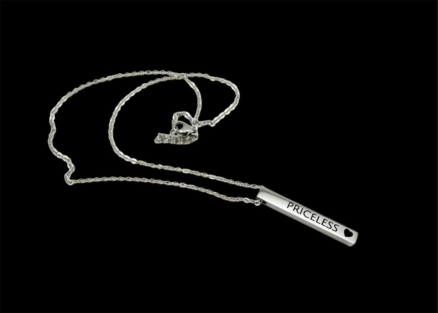 "Priceless" Vertical Bar Necklace – Minimalist Silver Pendant with Heart