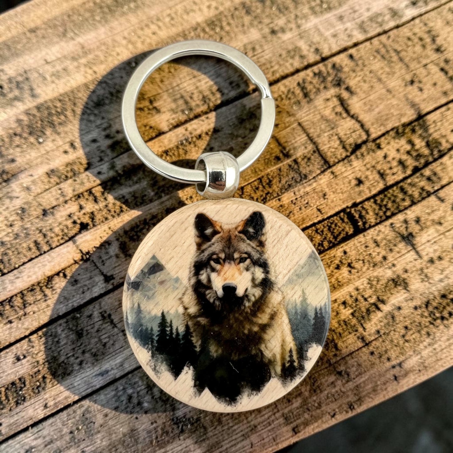 Wolf Wilderness Wooden Keychain Rustic Wolf & Mountain Forest Key Ring