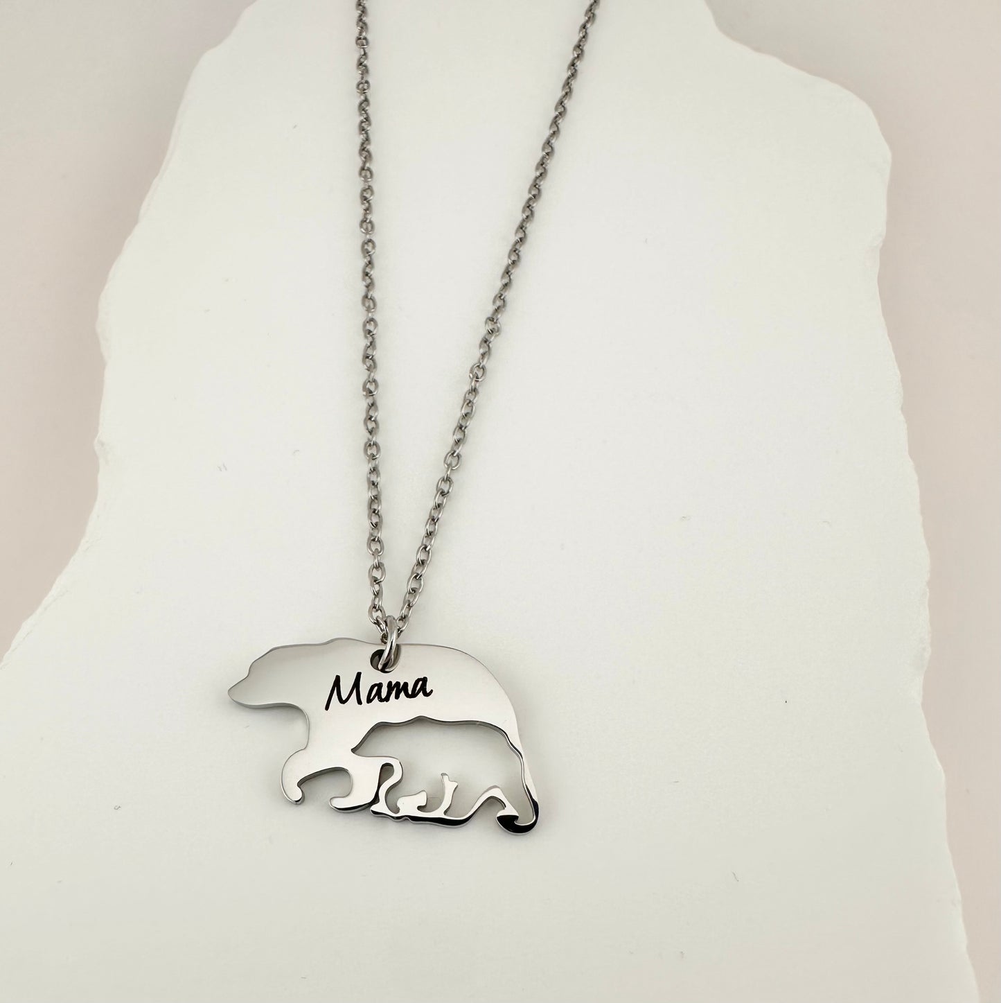 Mama Bear Necklace with Cub. Engraved Silver Mother Necklace Gift.