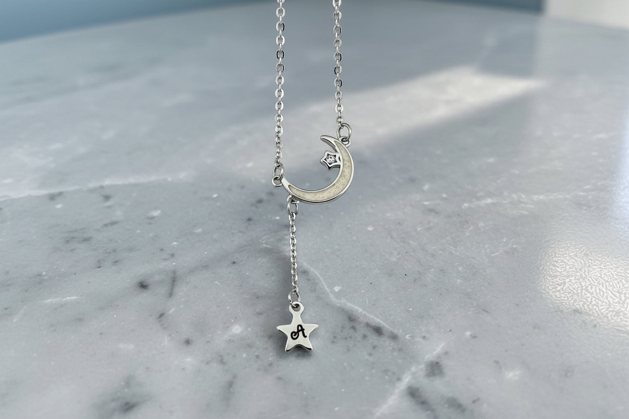 Celestial Dreams Moon & Star  Stainless Steel Necklace ( Optional Initial Add On To Star)