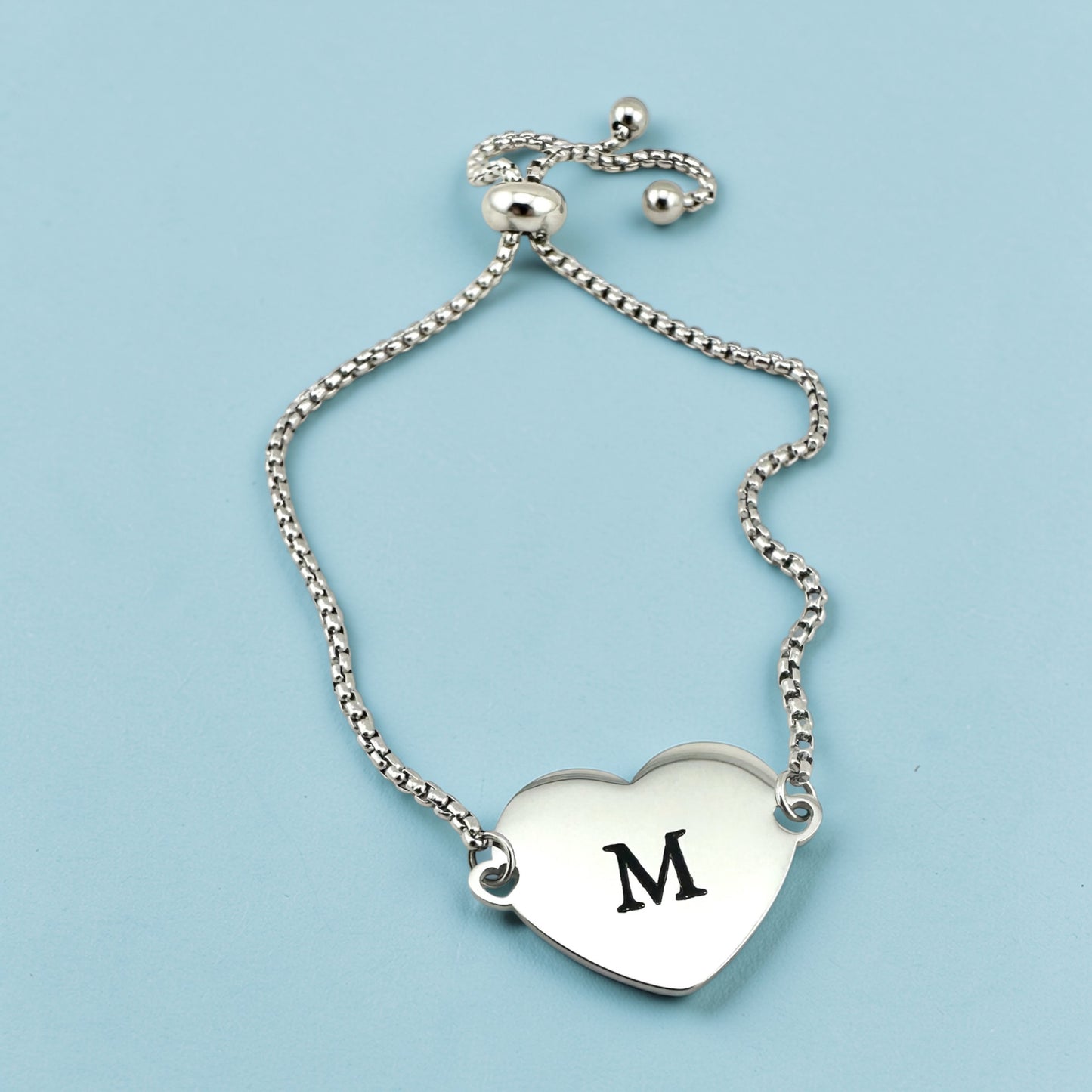 Initial Heart Bolo Bracelet. Personalized Adjustable Bracelet.