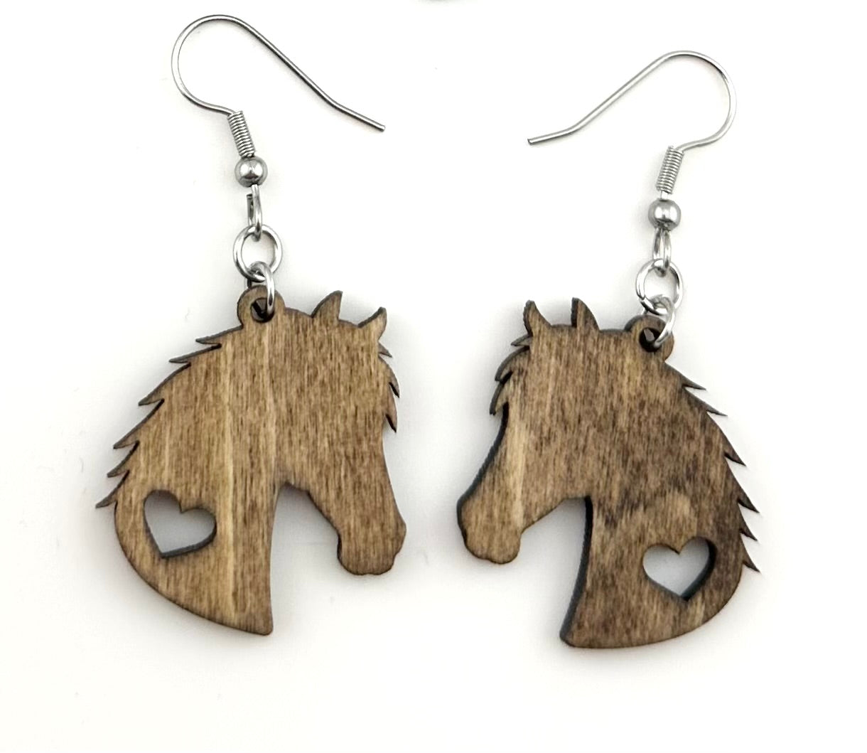 Wood Horse Earrings with Heart Cutout With Stainless Steel Hooks