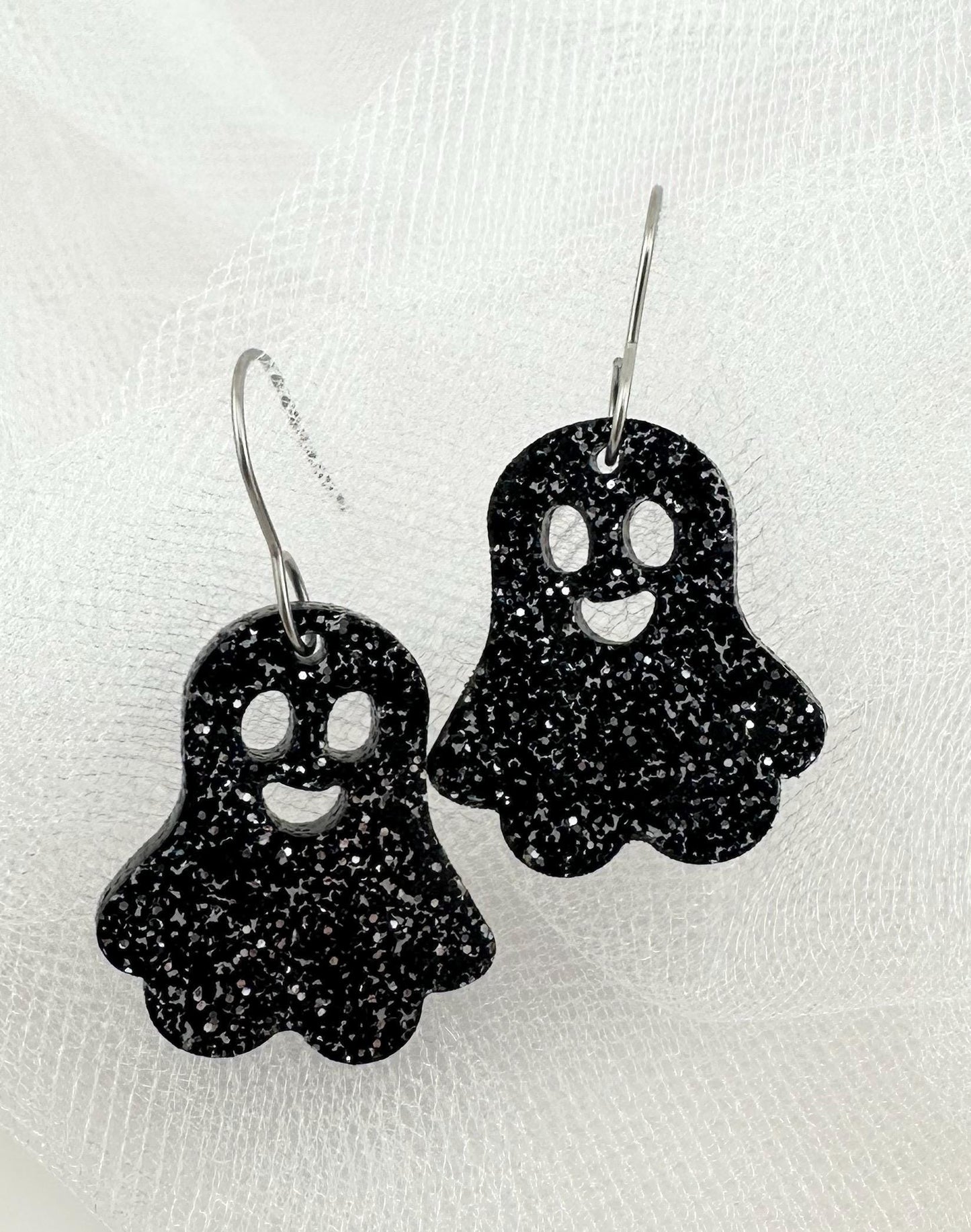 Ghost Earrings | Glitter Acrylic Halloween Jewelry | Spooky Cute Dangle Earrings