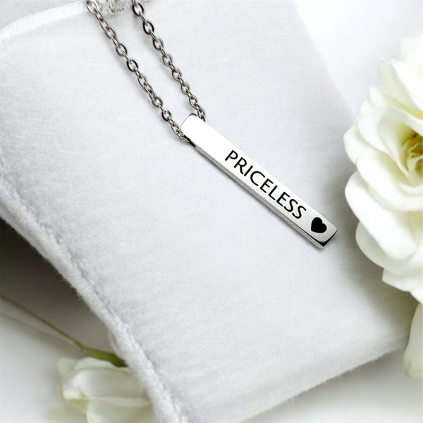"Priceless" Vertical Bar Necklace – Minimalist Silver Pendant with Heart | Meaningful Gift for Her