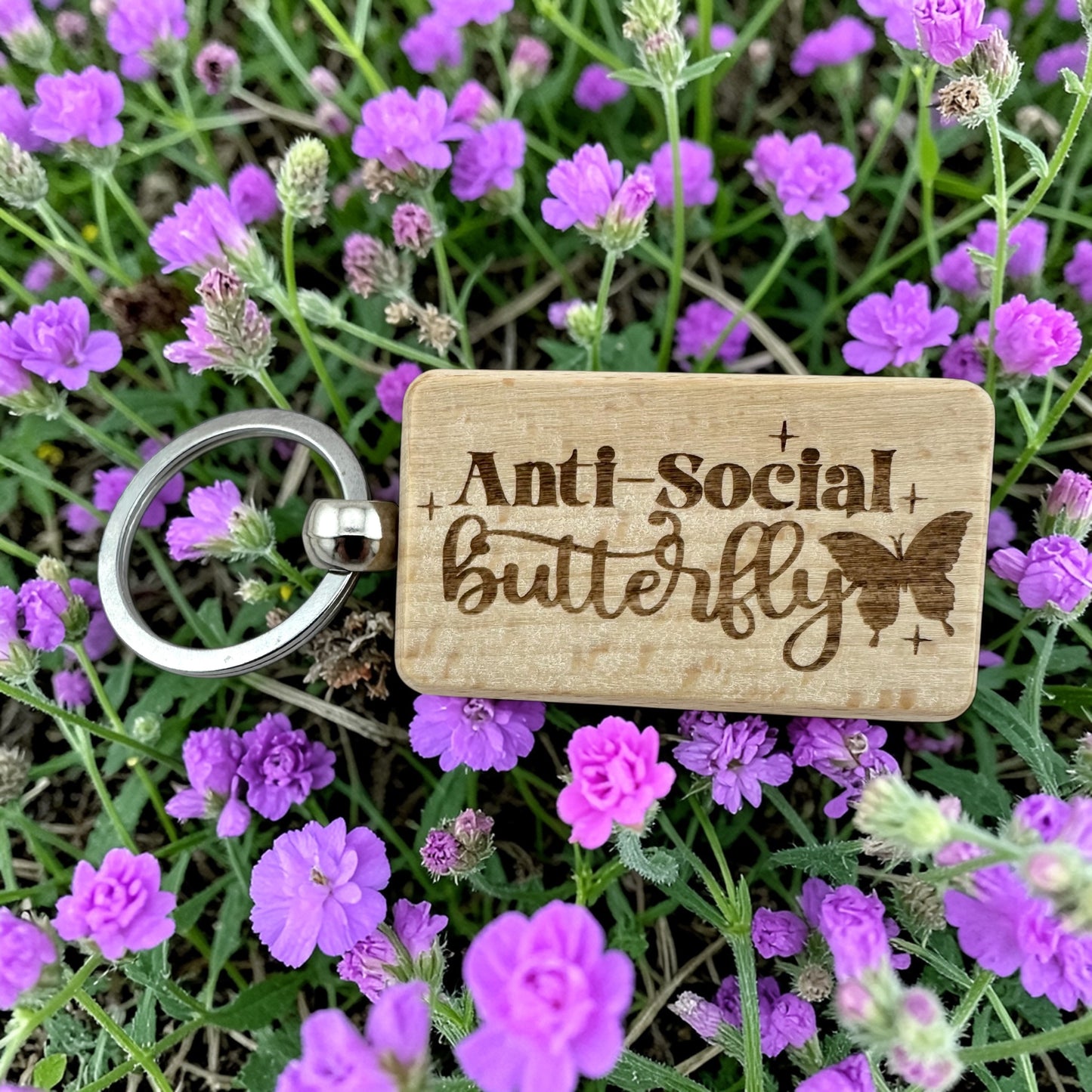 Anti-Social Butterfly Wood Keychain