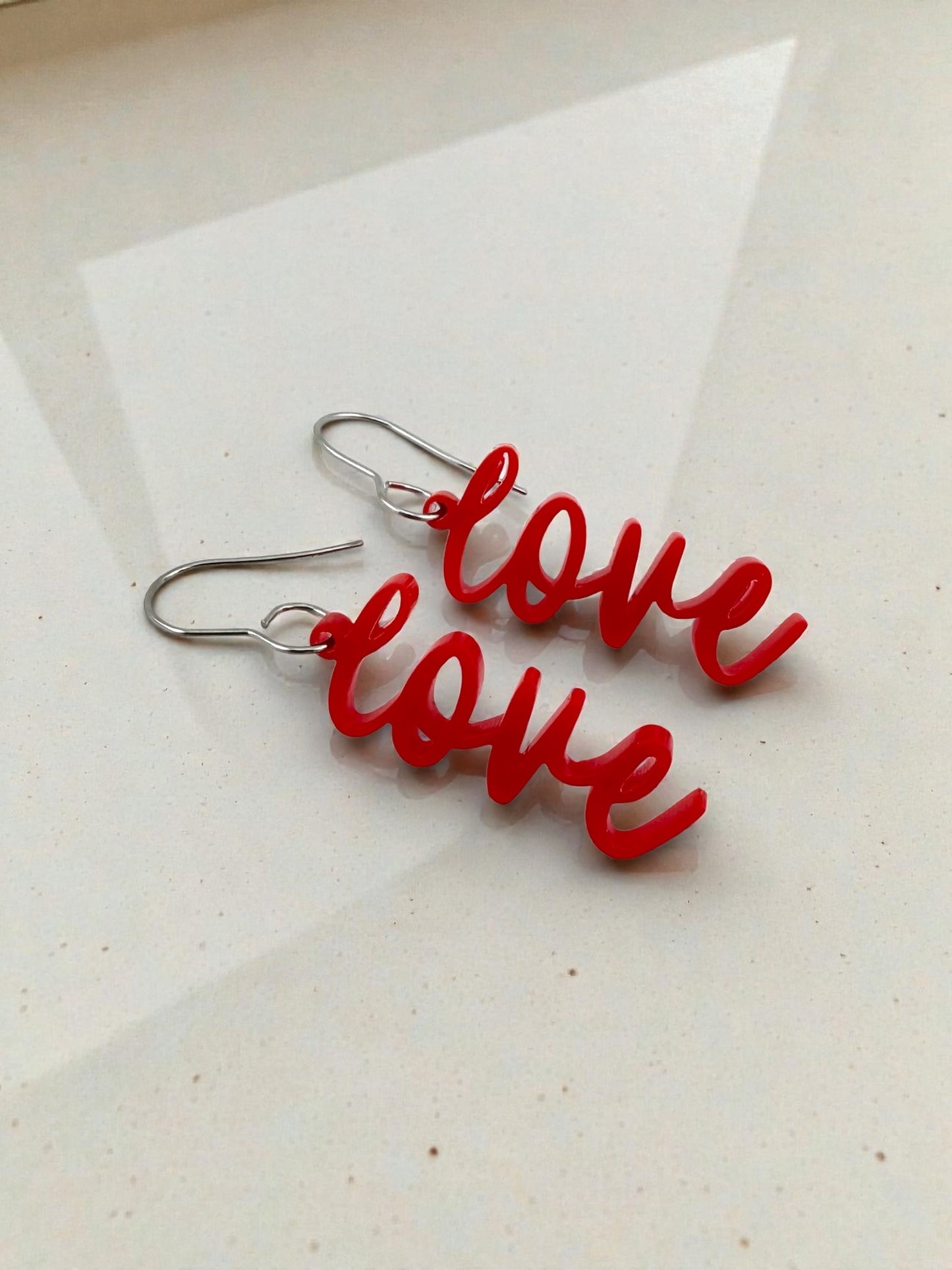 Acrylic Love Earrings. Stainless Steel Hooks.