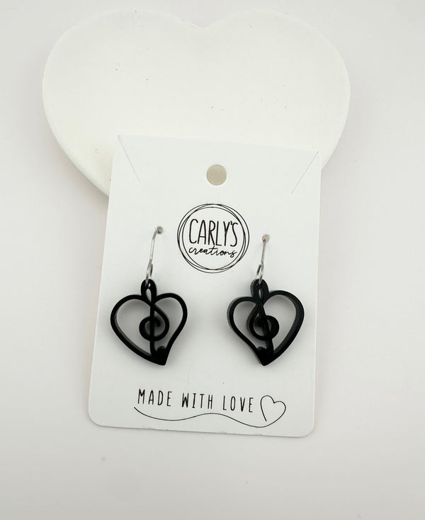Heart Music Note Earrings - Lightweight Acrylic Musical Jewelry | Hypoallergenic Stainless Steel Hooks | 2 Sizes Available