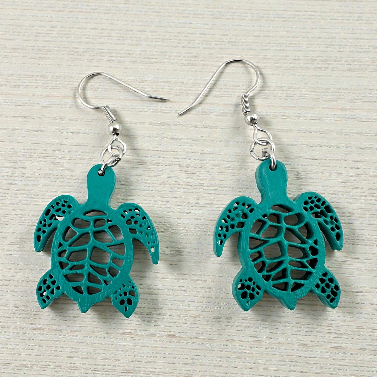 Hand-Painted Sea Turtle Wood Earrings – Stainless Steel Hooks – Lightweight Coastal Jewelry