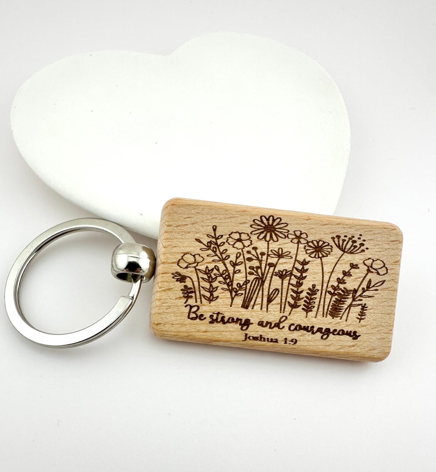 Be Strong And Courageous Keychain. Laser Engraved Wood Faith Based Gift