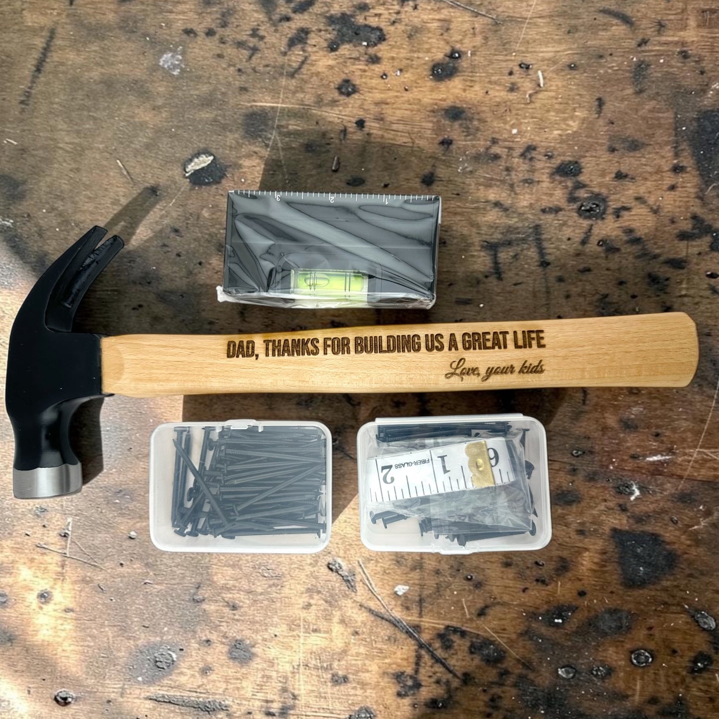 Personalized Hammer Gift Set – Engraved Hammer with Level, Tape Measure & Nails