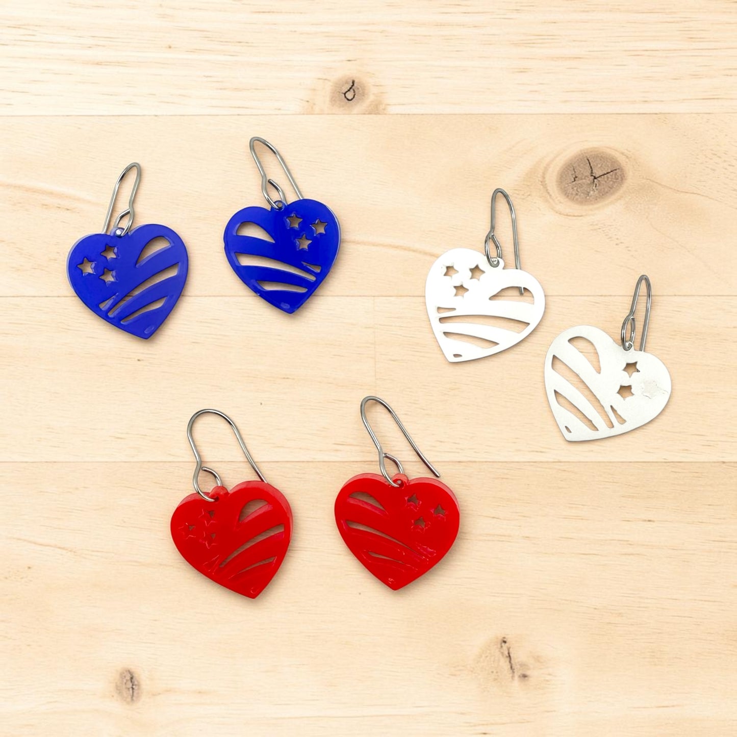 Patriotic Heart Earrings Stars & Stripes Dangle Earrings 4th of July Jewelry Red White and Blue Earrings