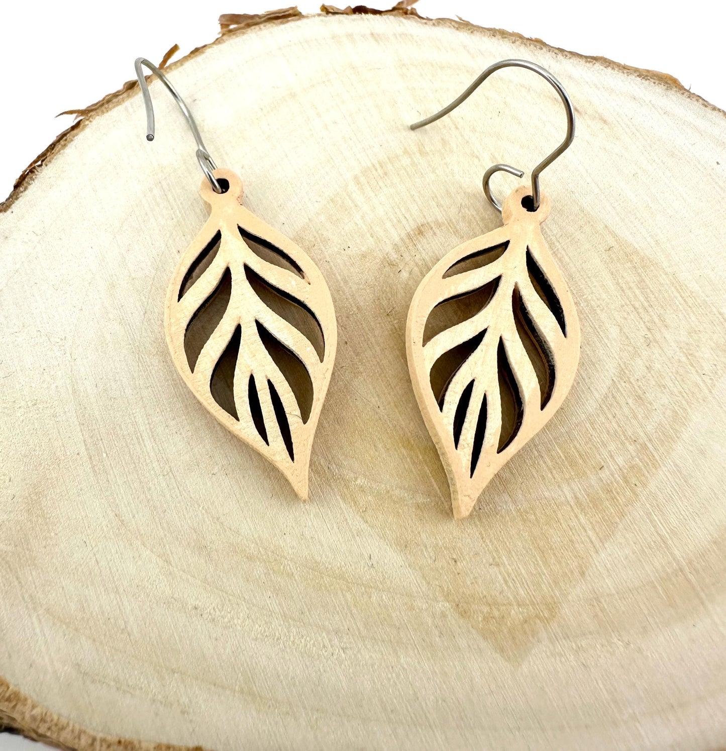 Wooden Leaf Earrings – Lightweight Fall Earrings – Nature Inspired Boho Jewelry – 5 Colors – Gold or Silver Hooks – Handmade Gift for Her”