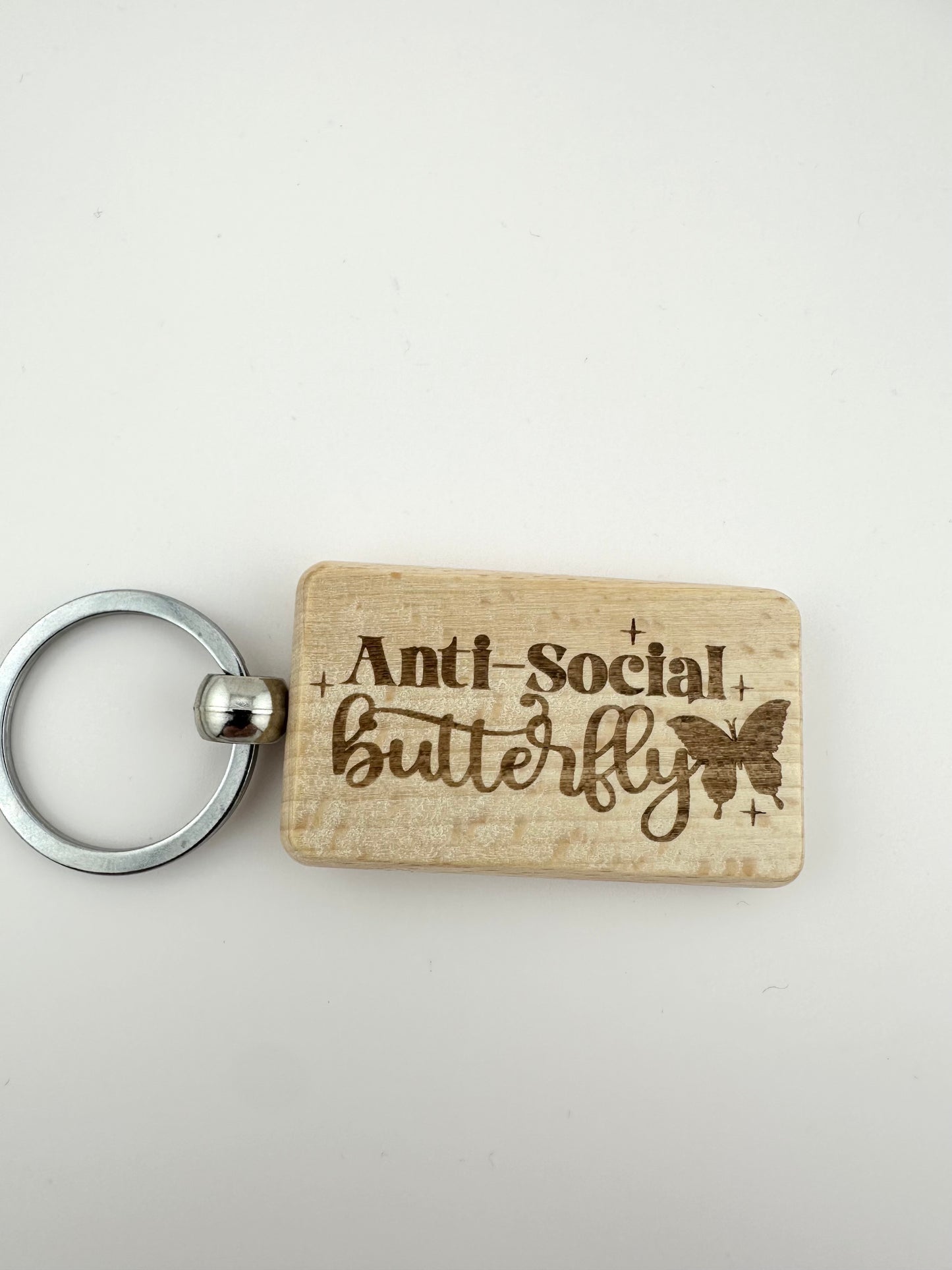 Anti-Social Butterfly Wood Keychain