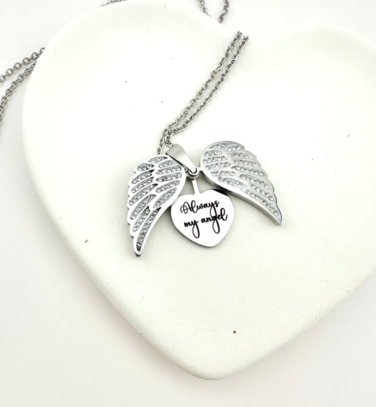 Angel Wings Hidden Heart Necklace – “Always My Angel” Memorial Gift