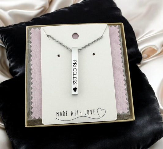 "Priceless" Vertical Bar Necklace – Minimalist Silver Pendant with Heart