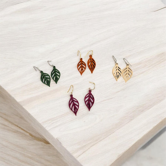 Wooden Leaf Earrings – Lightweight Fall Earrings – Nature Inspired Boho Jewelry – 5 Colors – Gold or Silver Hooks – Handmade Gift for Her”