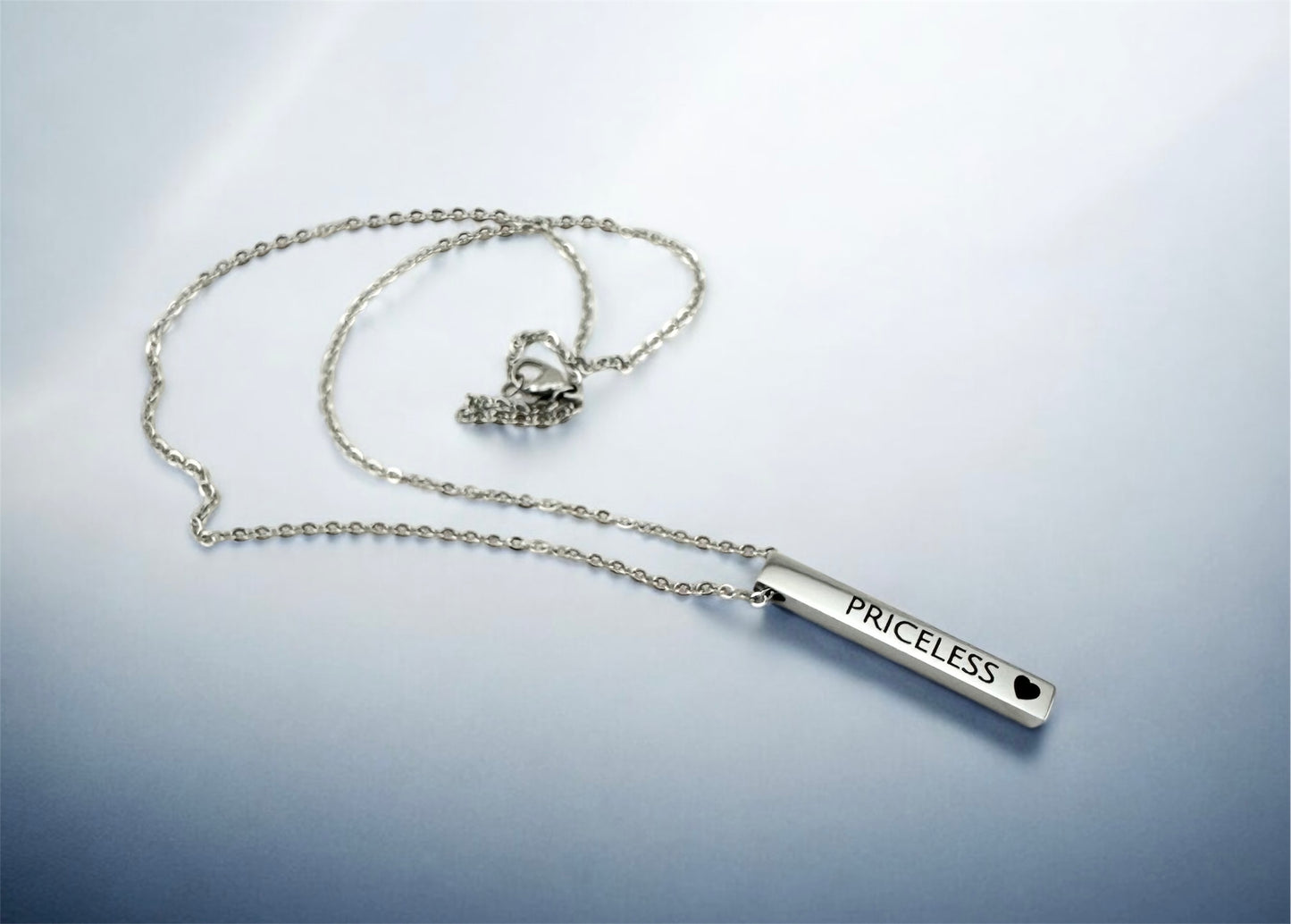 "Priceless" Vertical Bar Necklace – Minimalist Silver Pendant with Heart | Meaningful Gift for Her