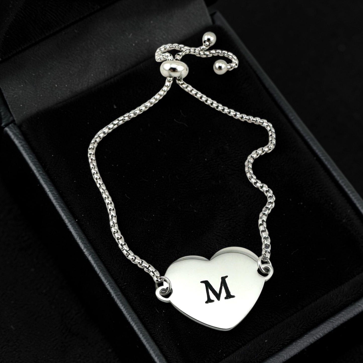 Initial Heart Bolo Bracelet. Personalized Adjustable Bracelet.