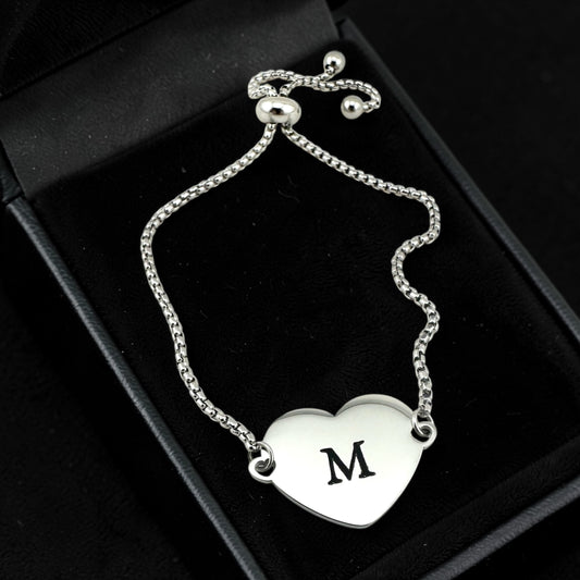 Initial Heart Bolo Bracelet. Personalized Adjustable Bracelet.