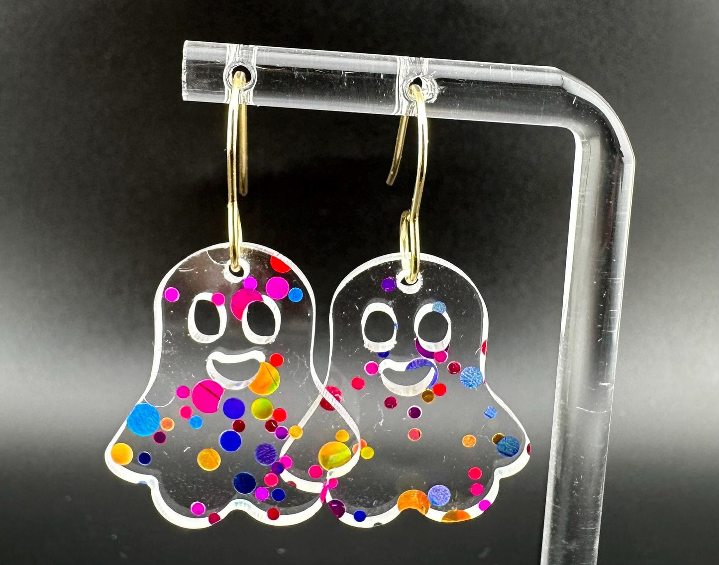 Colorful Ghost Acrylic Earrings with Gold Hooks – Fun Lightweight Halloween Statement Jewelry