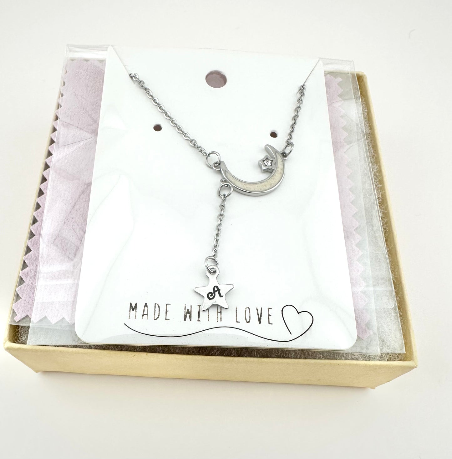 Celestial Dreams Moon & Star  Stainless Steel Necklace ( Optional Initial Add On To Star)