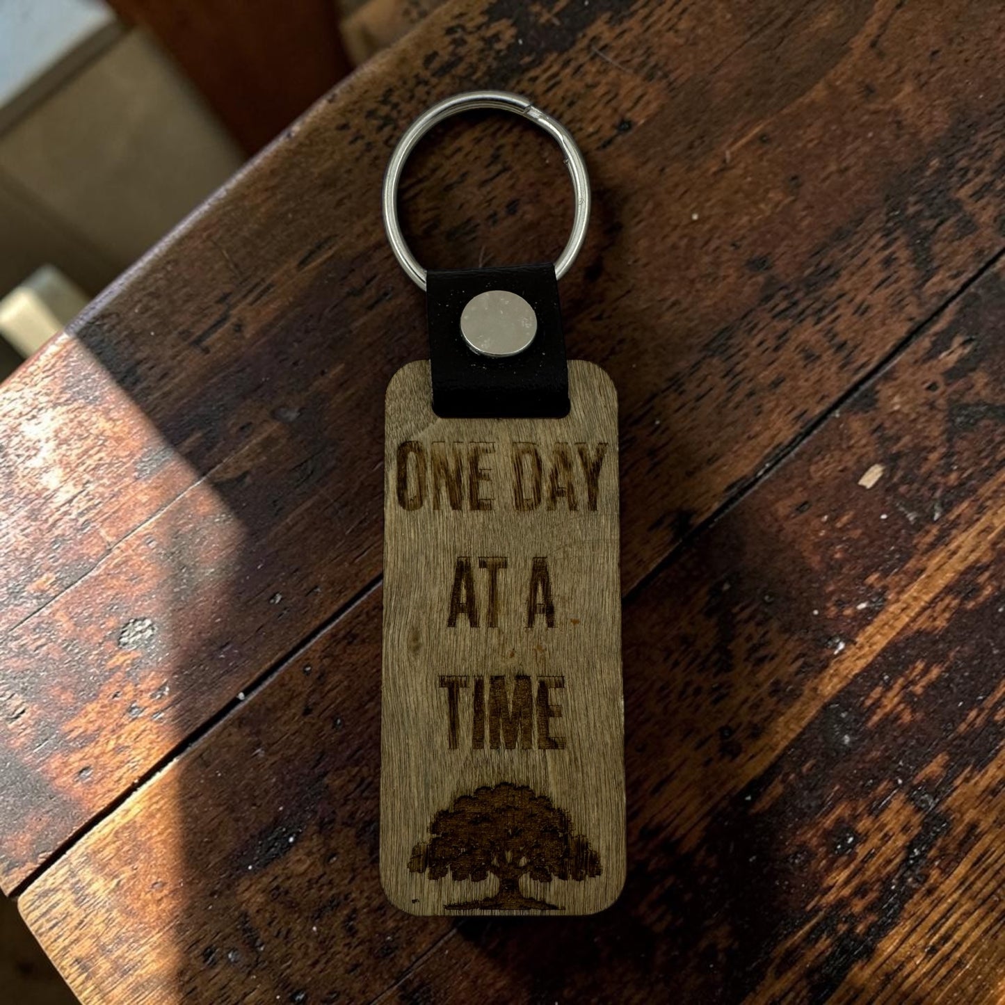 One Day At A Time Wooden Keychain. Encouragement Keychain.