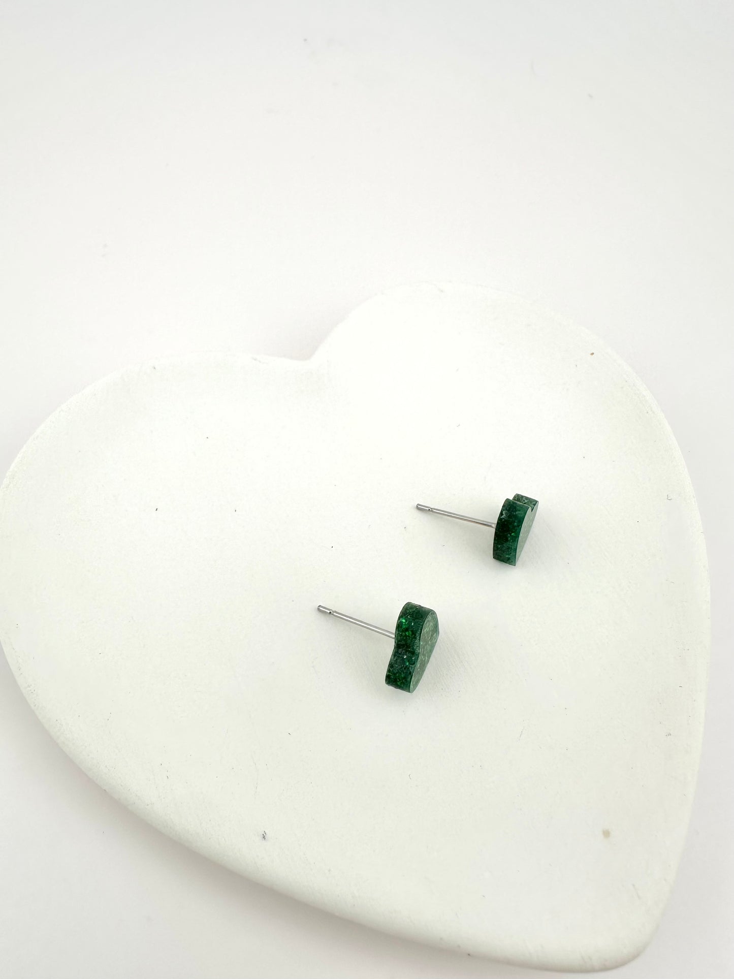 Green Sparkle Heart Stud Earrings