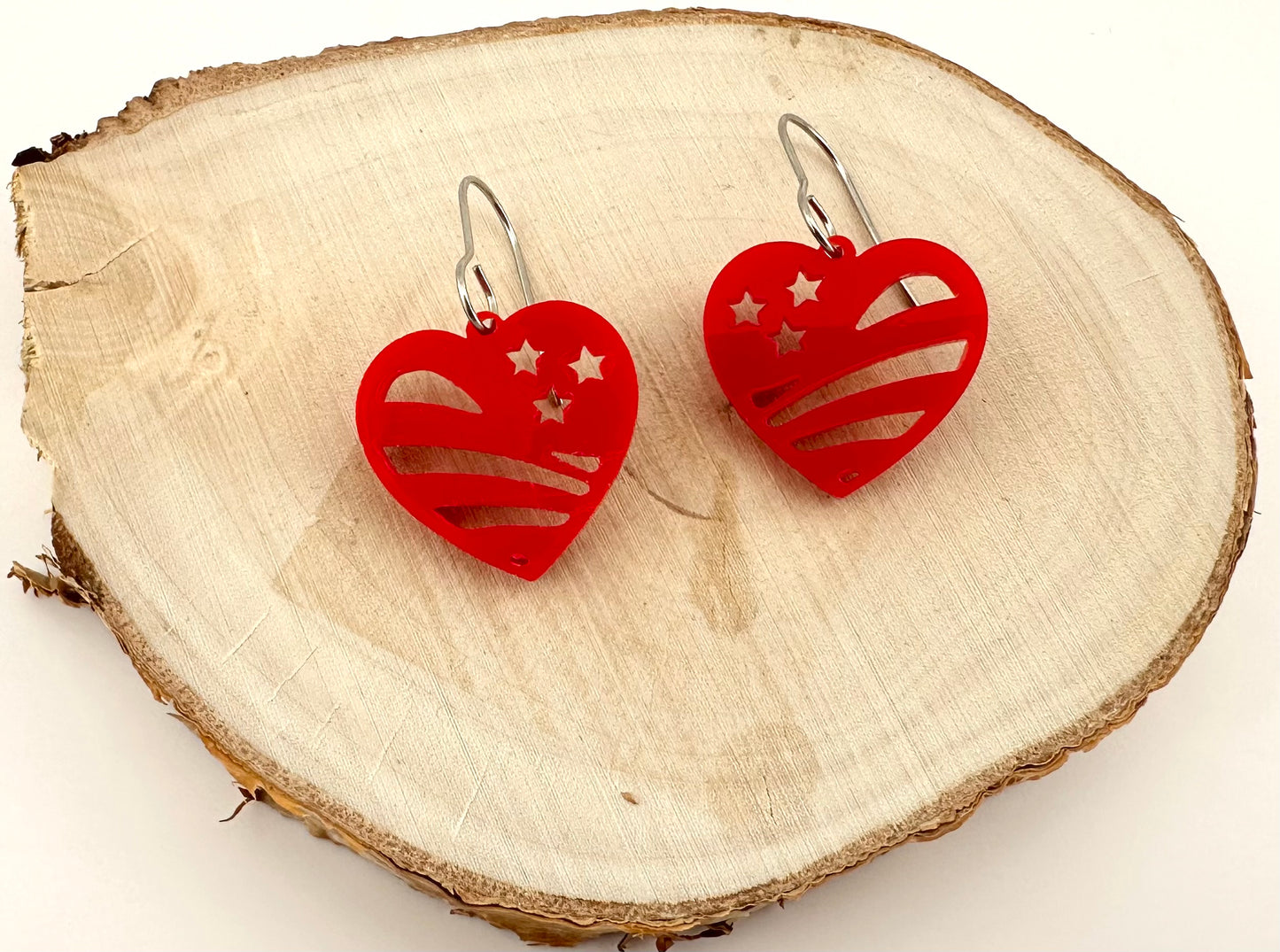 Patriotic Heart Earrings Stars & Stripes Dangle Earrings 4th of July Jewelry Red White and Blue Earrings