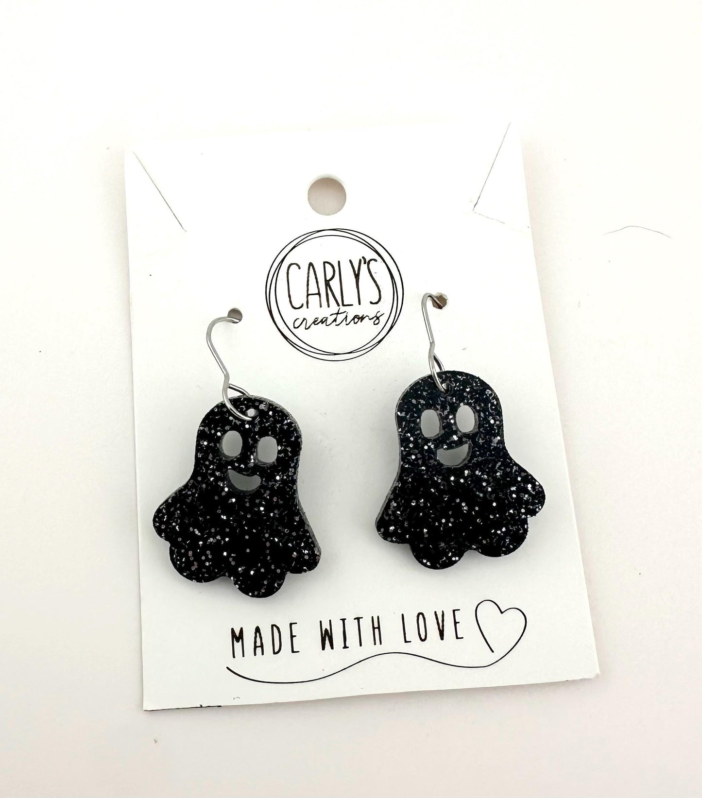 Ghost Earrings | Glitter Acrylic Halloween Jewelry | Spooky Cute Dangle Earrings
