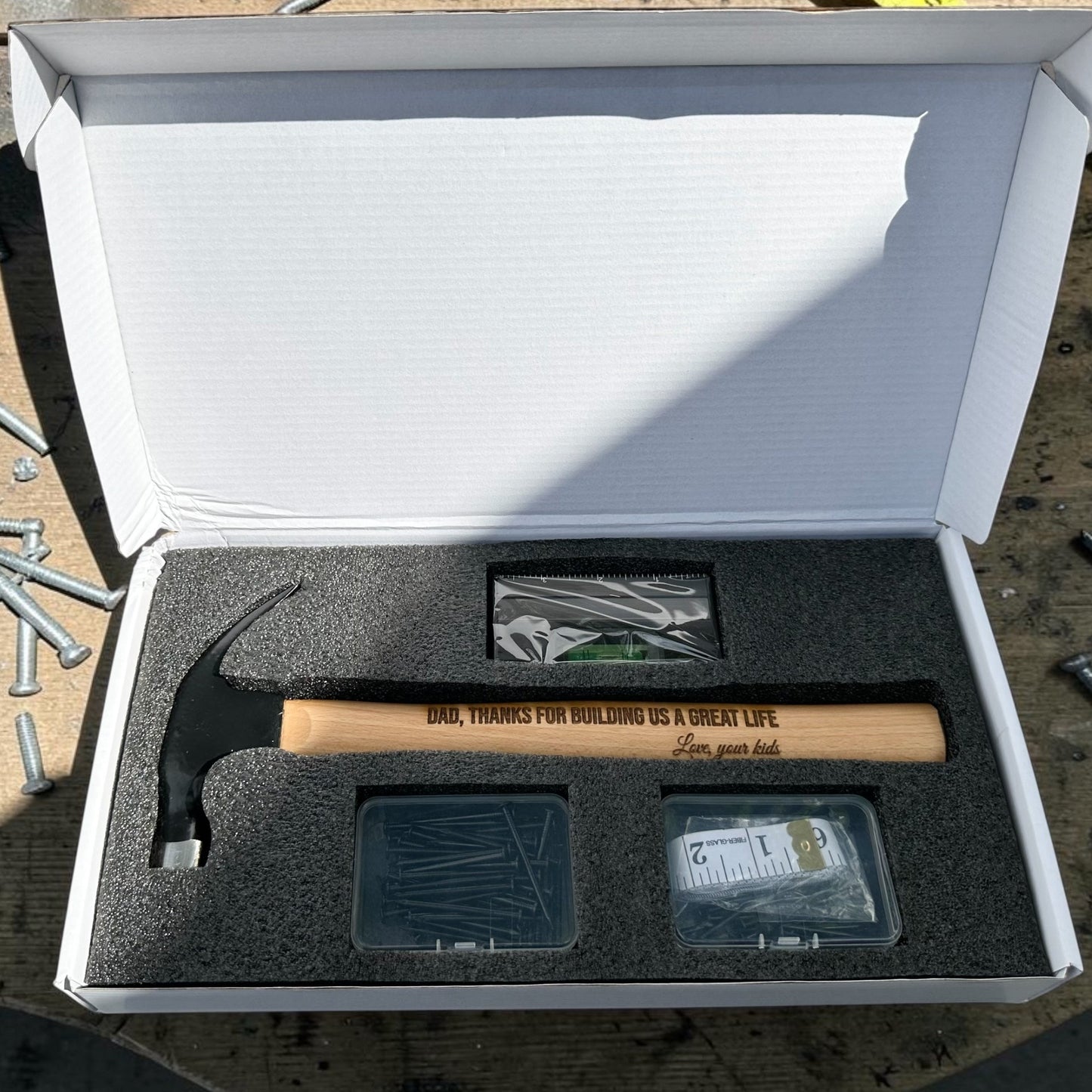 Personalized Hammer Gift Set – Engraved Hammer with Level, Tape Measure & Nails