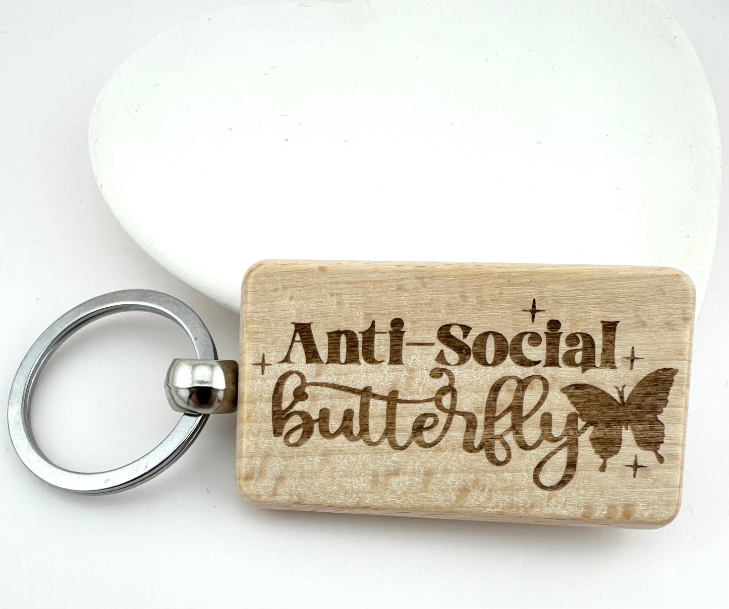 Anti-Social Butterfly Wood Keychain