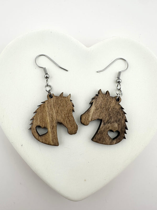 Wood Horse Earrings with Heart Cutout With Stainless Steel Hooks