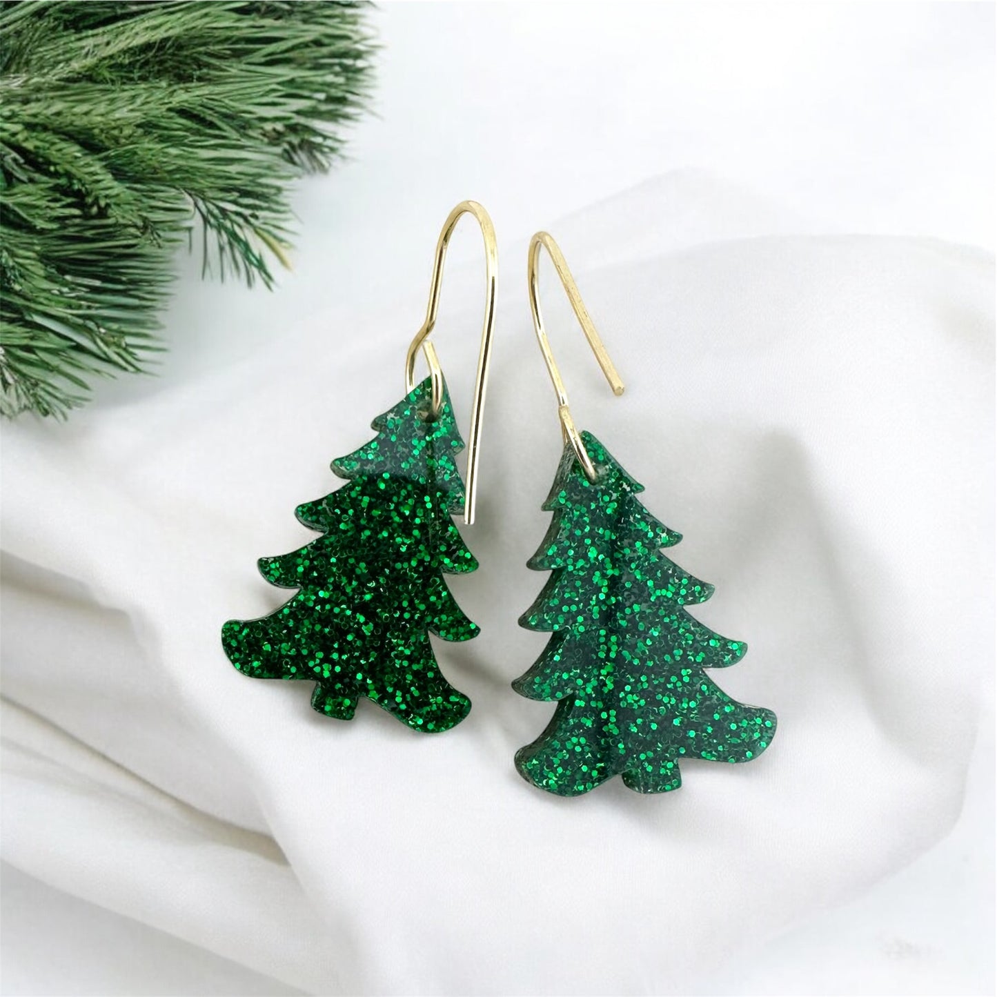 Green Glitter Christmas Tree Earrings – Festive Holiday Jewelry | Lightweight Christmas Earrings