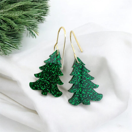 Green Glitter Christmas Tree Earrings – Festive Holiday Jewelry | Lightweight Christmas Earrings