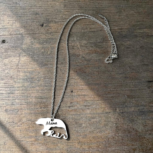 Mama Bear Necklace with Cub. Engraved Silver Mother Necklace Gift.