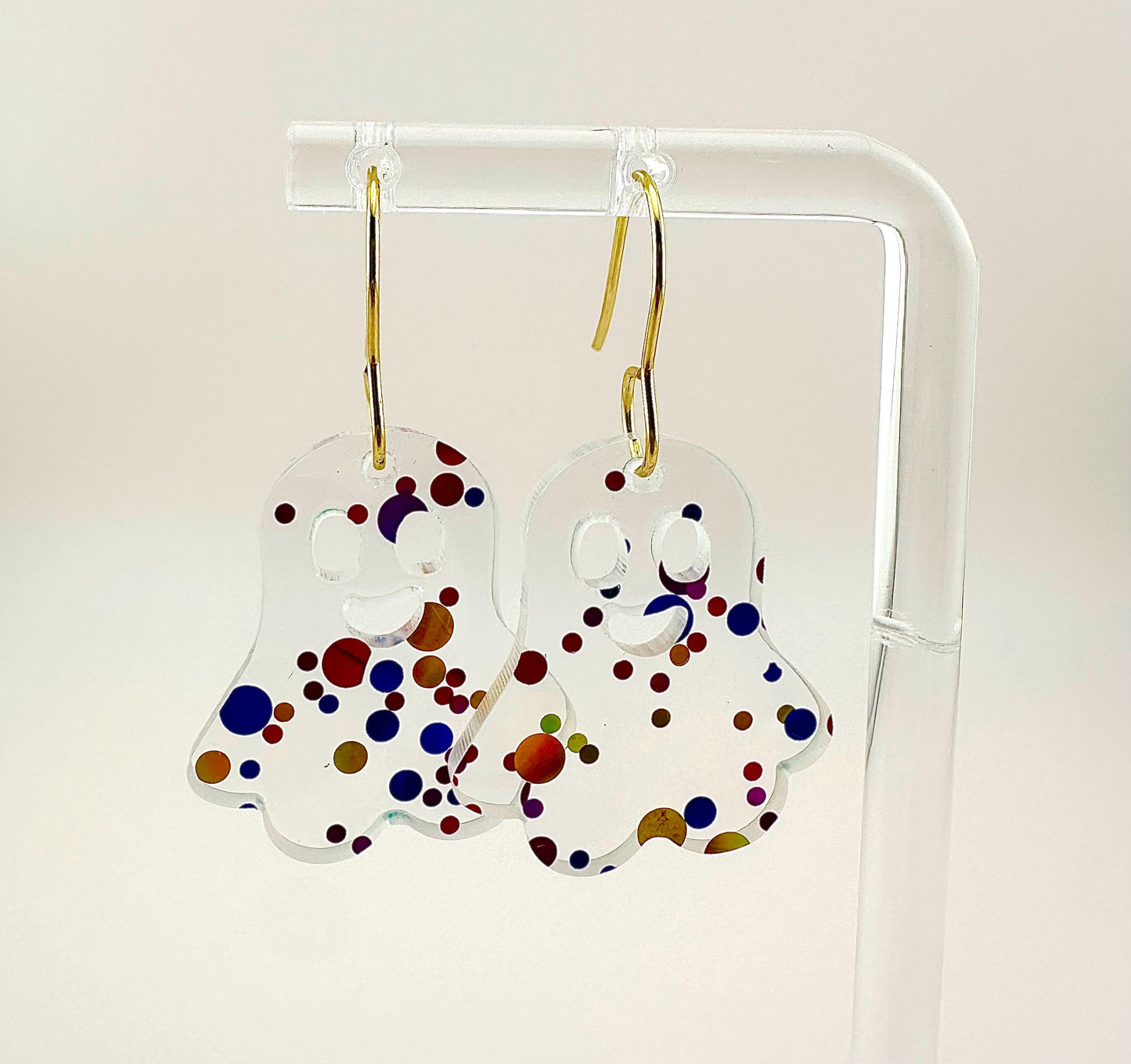 Colorful Ghost Acrylic Earrings with Gold Hooks – Fun Lightweight Halloween Statement Jewelry