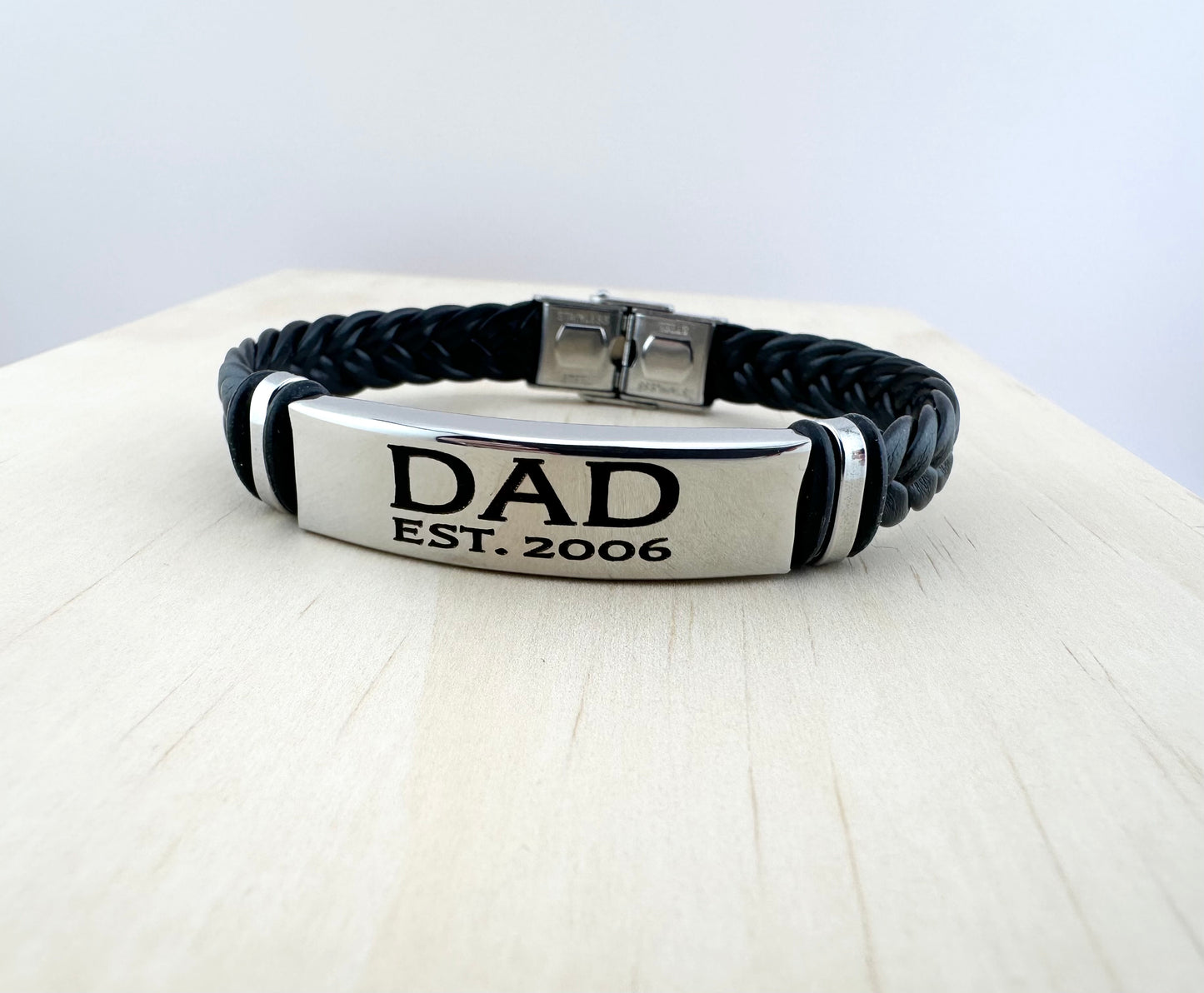 Men's Black Braided Bracelet. Personalized Dad Bracelet. Father's Day Gift Stainless Steel Bracelet.