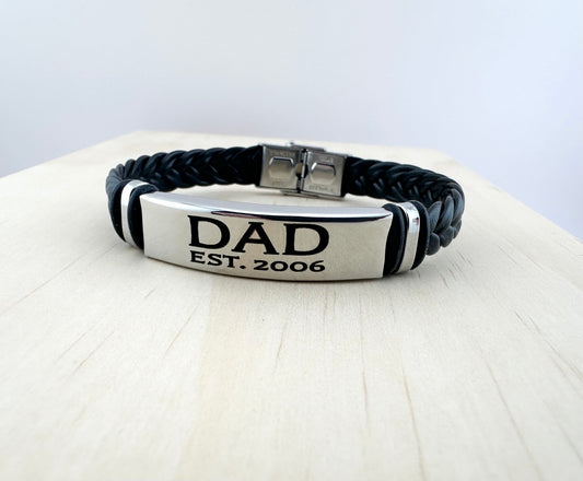 Men's Black Braided Bracelet. Personalized Dad Bracelet. Dad Gift Stainless Steel Bracelet.