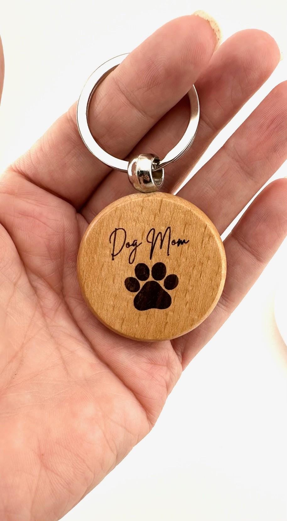 Cute laser engraved round keychain for dog Moms.