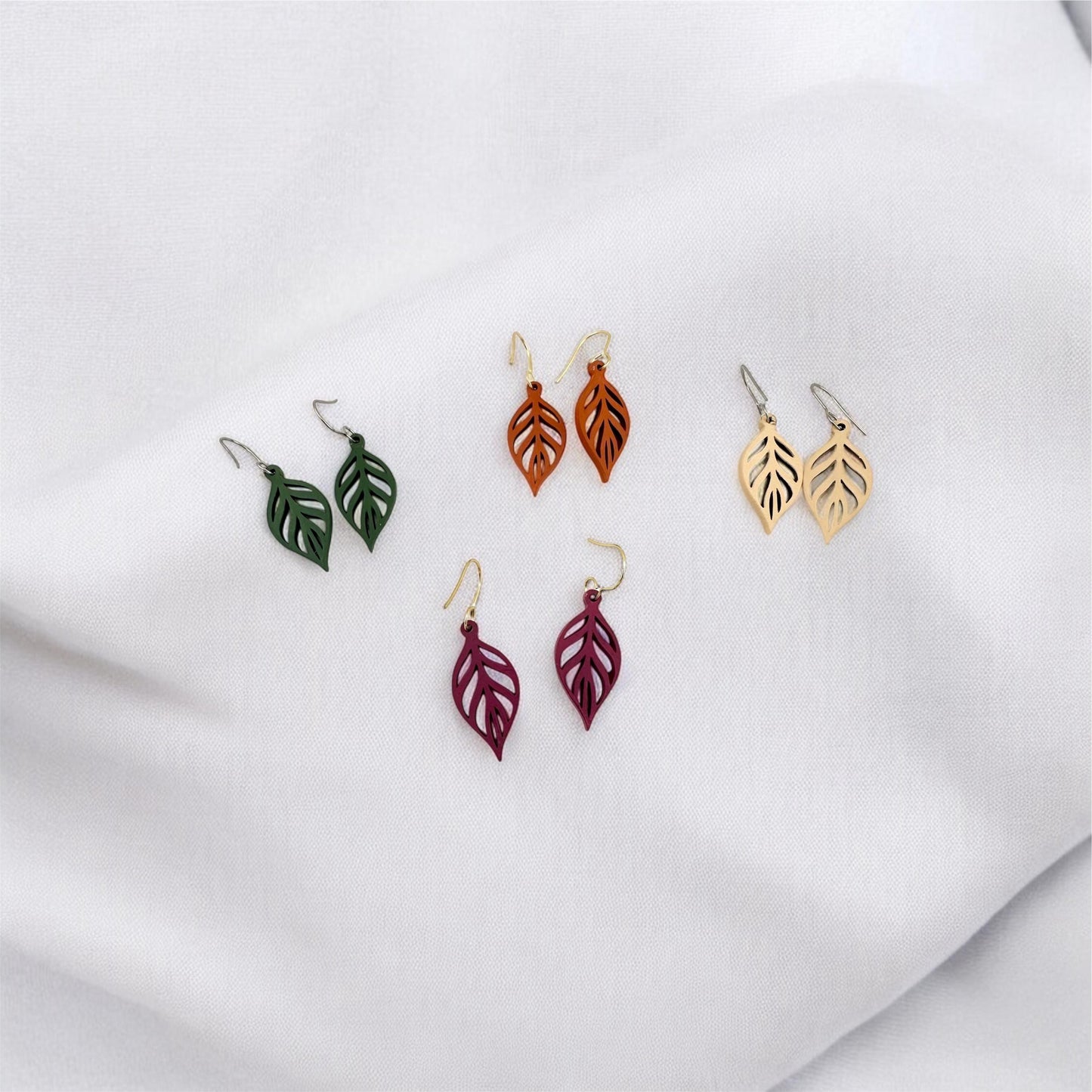 Wooden Leaf Earrings – Lightweight Fall Earrings – Nature Inspired Boho Jewelry – 5 Colors – Gold or Silver Hooks – Handmade Gift for Her”