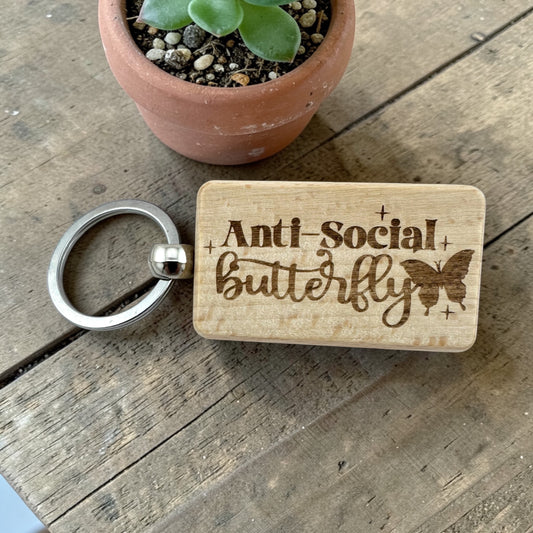 Anti-Social Butterfly Wood Keychain