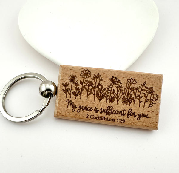 My Grace Is Sufficient For You Keychain. Wood Christian Gift