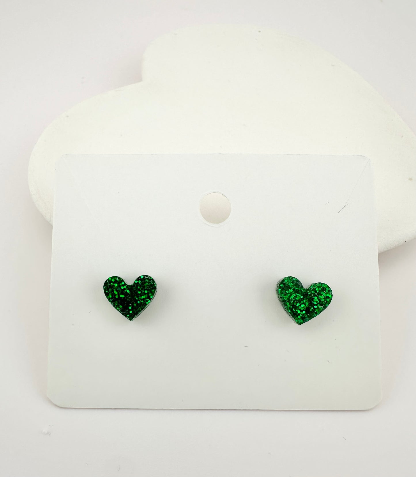 Green Sparkle Heart Stud Earrings