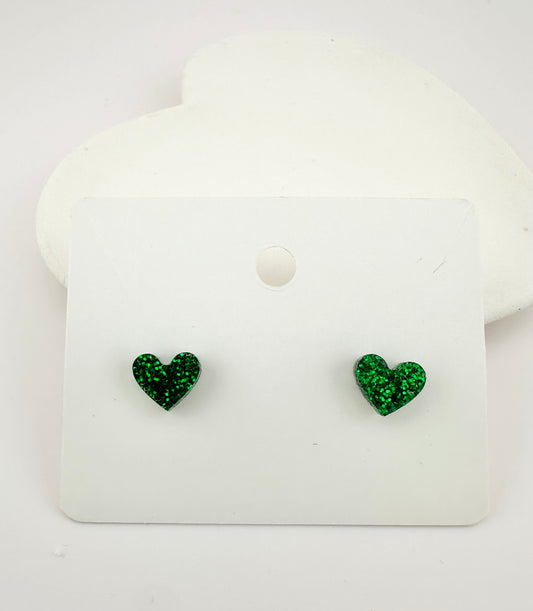 Green Sparkle Heart Stud Earrings