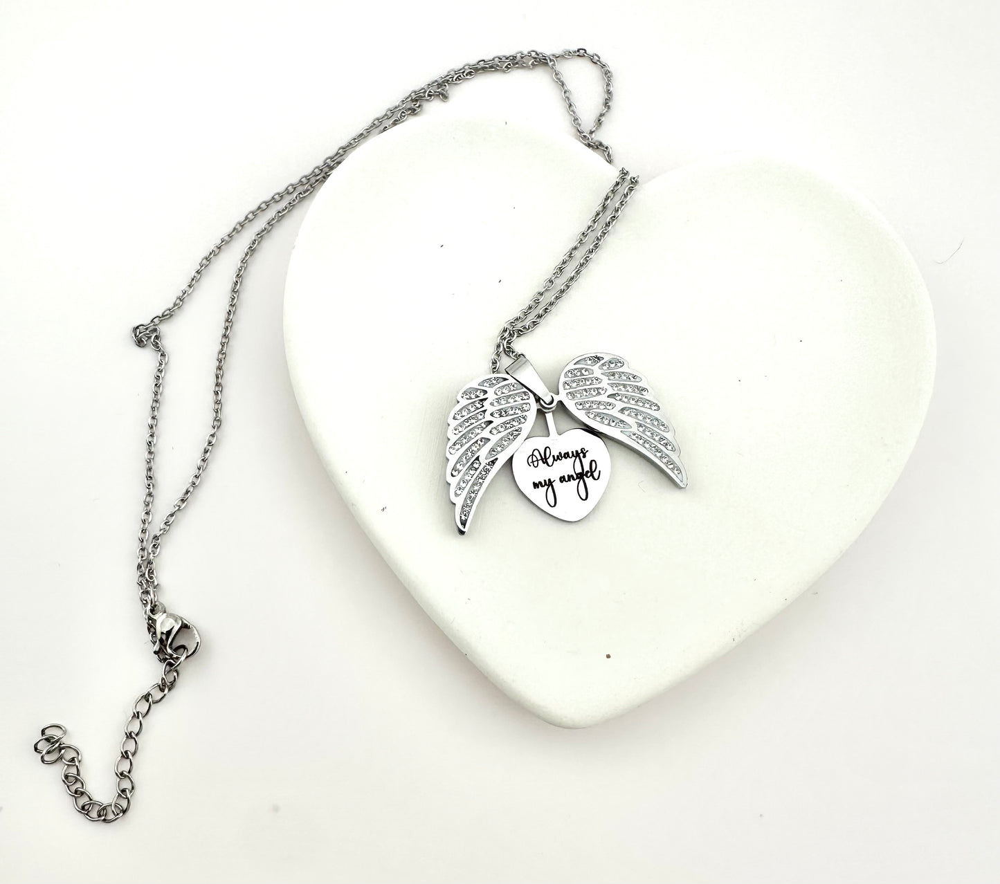 Angel Wings Hidden Heart Necklace – “Always My Angel” Memorial Gift