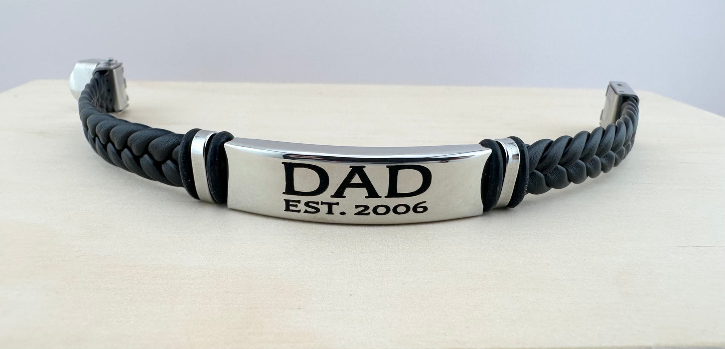 Men's Black Braided Bracelet. Personalized Dad Bracelet. Father's Day Gift Stainless Steel Bracelet.