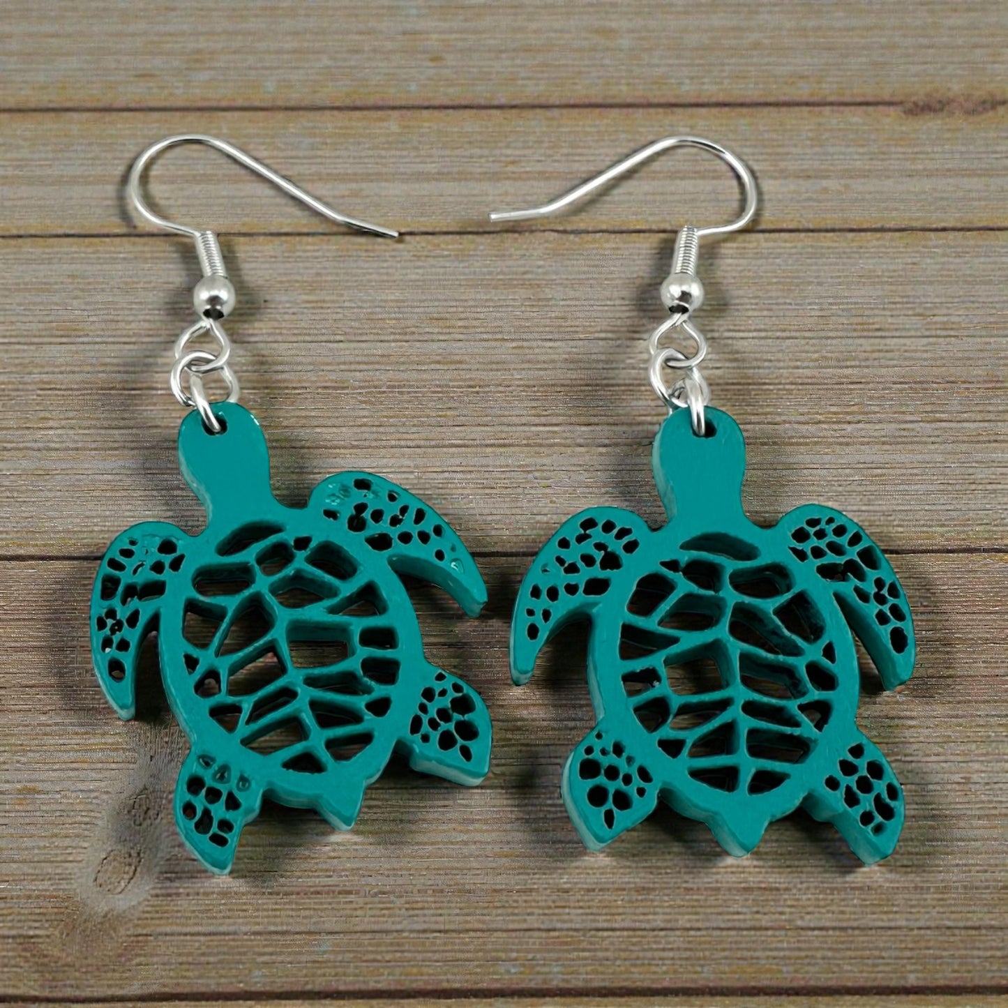 Hand-Painted Sea Turtle Wood Earrings – Stainless Steel Hooks – Lightweight Coastal Jewelry