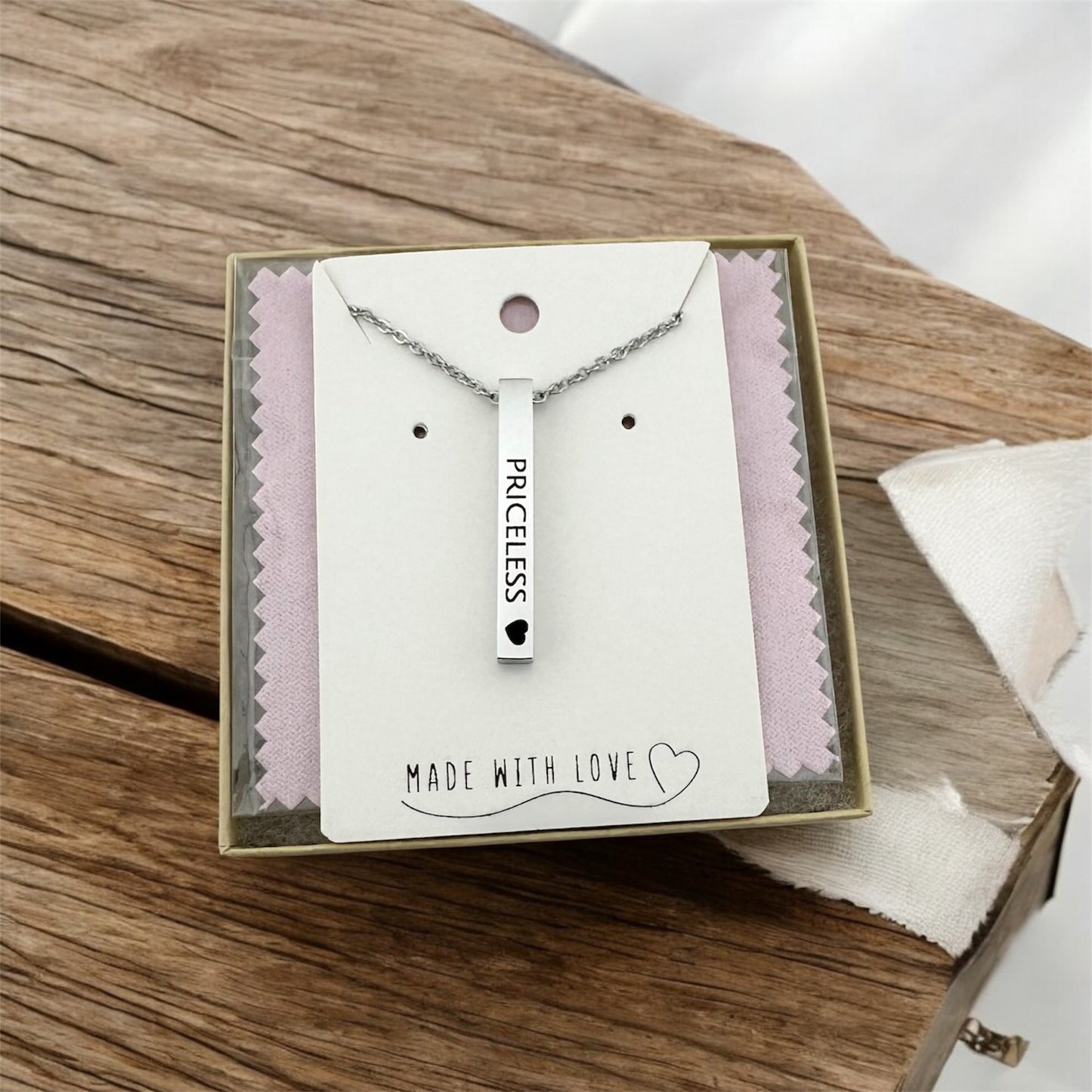 "Priceless" Vertical Bar Necklace – Minimalist Silver Pendant with Heart | Meaningful Gift for Her