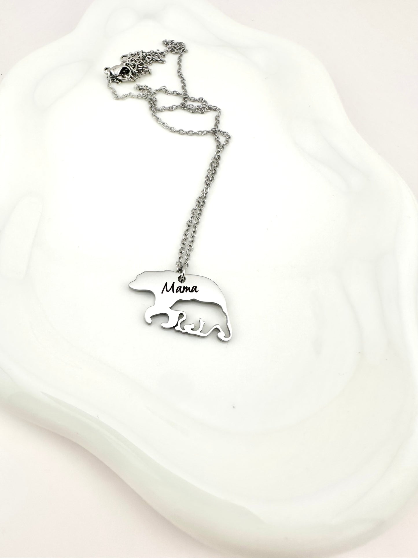 Mama Bear Necklace with Cub. Engraved Silver Mother Necklace Gift.
