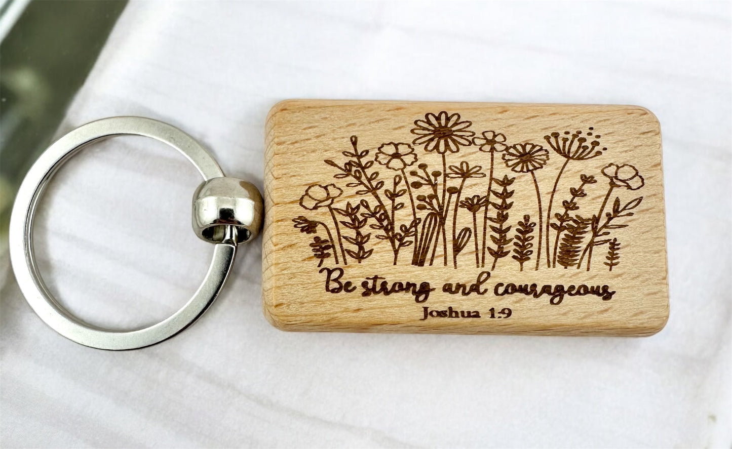Be Strong And Courageous Keychain. Laser Engraved Wood Faith Based Gift